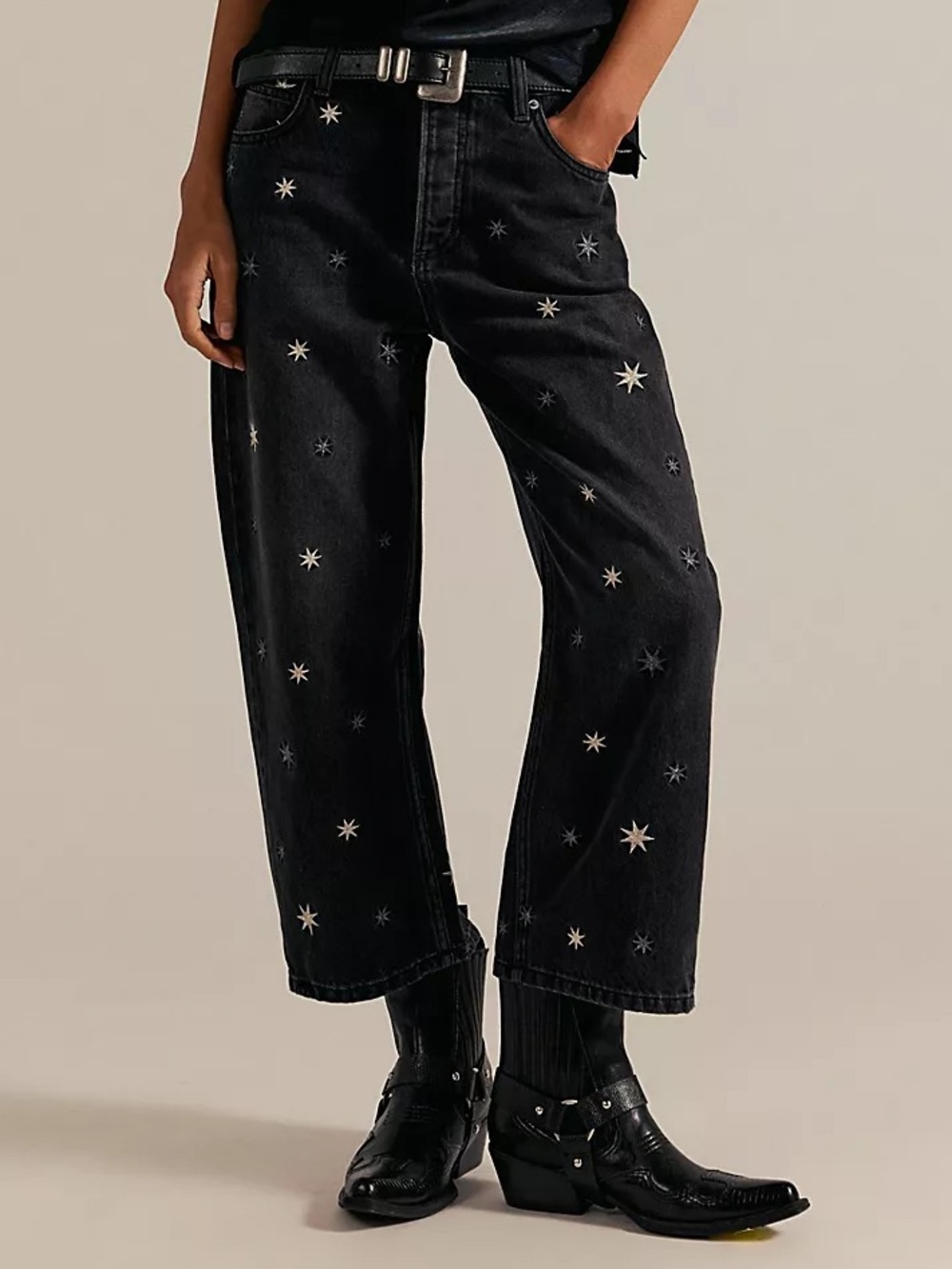 NWT WE THE FREE ($350) Deep Trance Shine Embroidered Boyfriend Jean - W 14 1/2”
